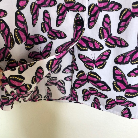 Foxcroft NYC Butterfly Print 3/4 Sleeve Button Down Fitted Top Size 14 - Picture 12 of 14